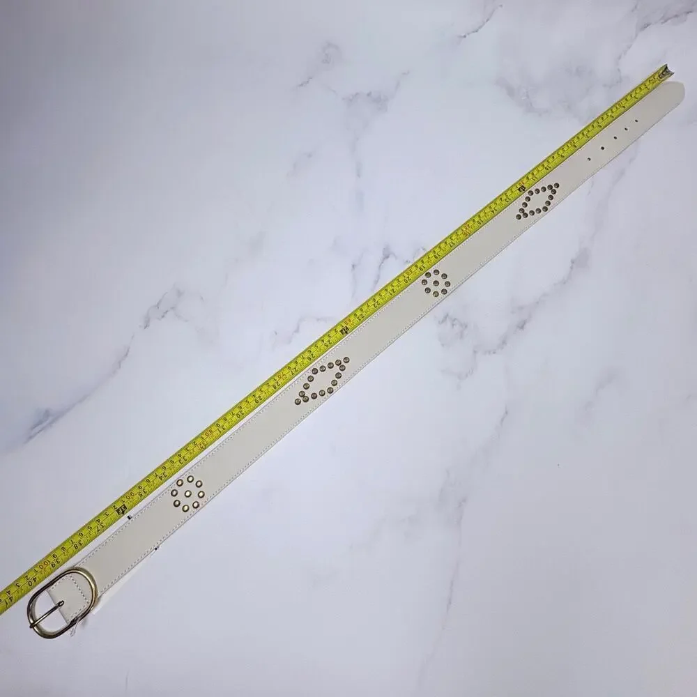 Persaman Genuine Italian Leather Belt White with Gold Stud Diamond Pattern New